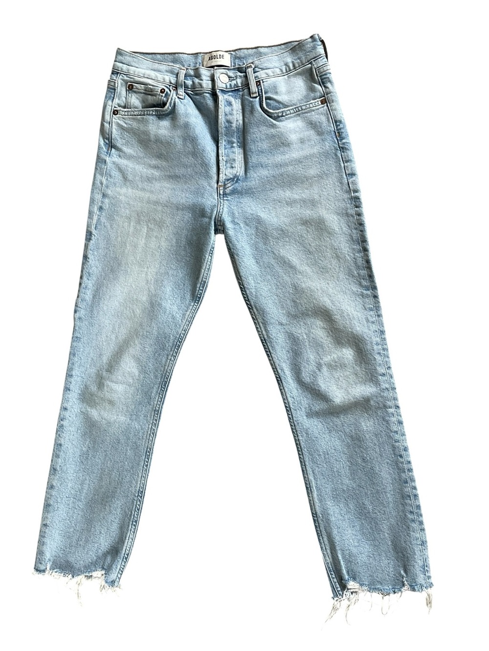Agolde Riley Crop Light Wash Frayed Hem Straight Jeans
